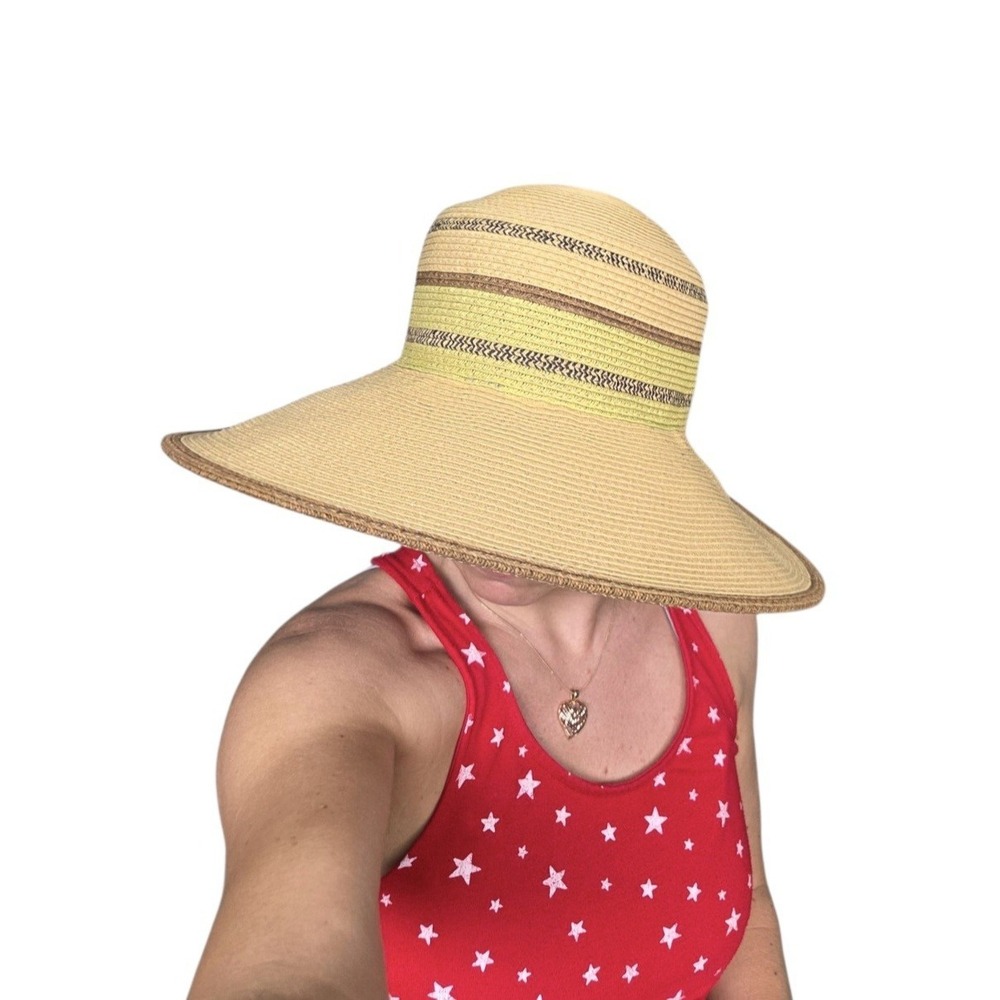 Sun n Sand Sun Hat Womens One Size Yellow Straw Wide‎ Brim Stripes Beach Coastal